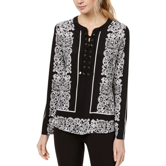 INC International Concepts Top Womens Small Black White Scroll Lace Long Sleeves - Picture 1 of 8